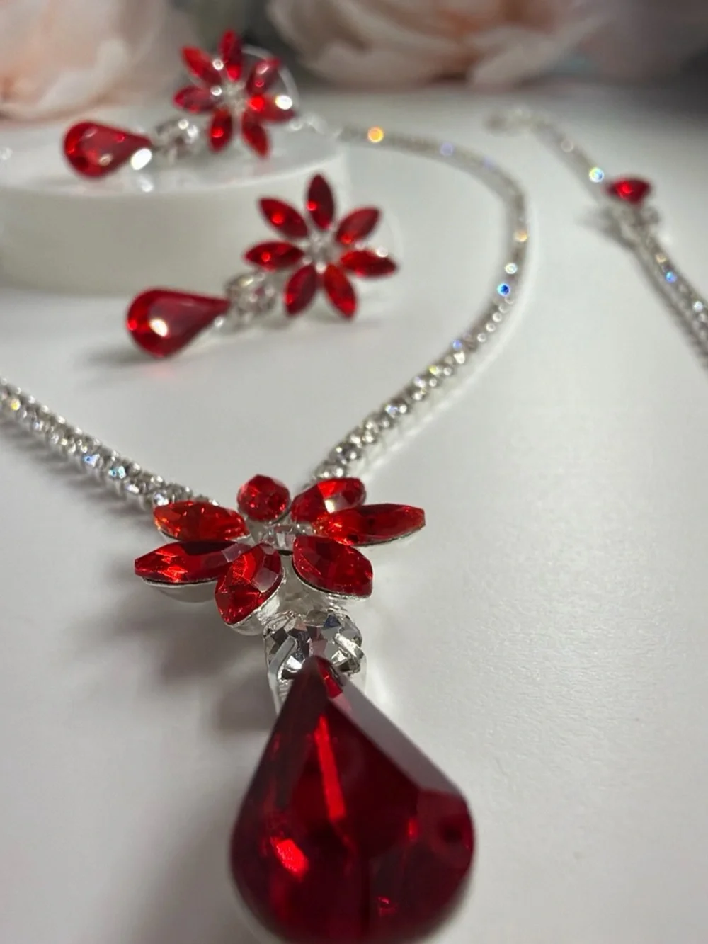 Elegant Red Crystal Floral Necklace & Earring Set - Women Jewelry